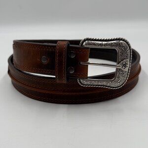 Ariat Western Raised Strip Genuine Leather Belt Mens Size 38 Brown Silver Buckle